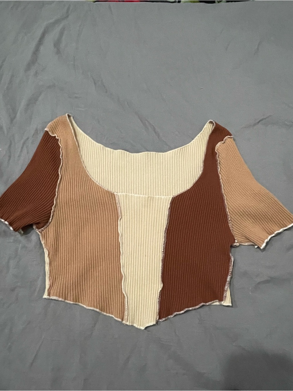 Brown, Tan & Cream Colorblock Ribbed Scoop Crop Top